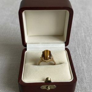 Tiger's Eye Ring, Gold Tone Filigree Statement Ring, Retro 1970s Jewelry