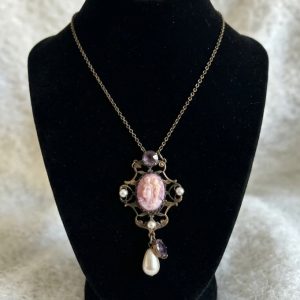 Victorian Revival Carved Stone Cameo Lavaliere Necklace, Brass Filigree