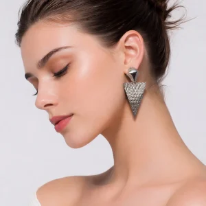 80s Silver Tone Scale Texture Triangle Statement Earrings