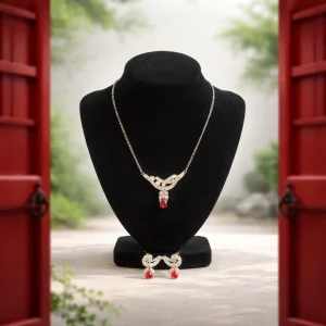 1950s Coro Silver Tone Ruby Red & Clear Rhinestone Necklace and Earring Set