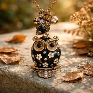 Black Enamal Owl Charm Necklace