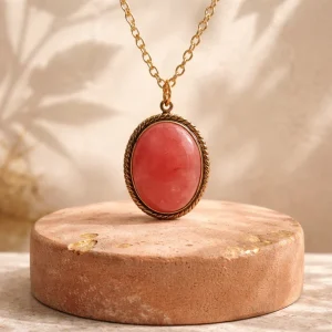 Gold Tone Rope Edge Oval Pink Rhodonite Cabochon Pendant Necklace