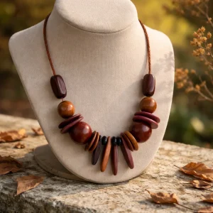 Handcrafted Tribal Wooden Bead Necklace - Dark Purple & Brown Boho Statement Piece