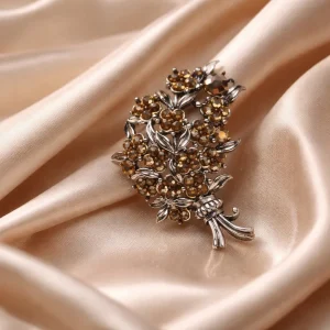 Hollycraft Signed Smoky Grey & Clear Rhinestone Floral Spray Brooch