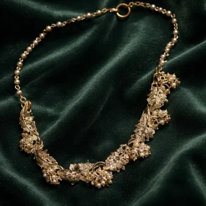 Mid-Century Faux Pearl & Gold-Tone Leaf Choker Necklace