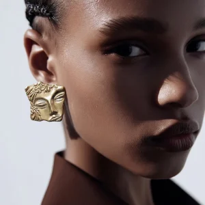 Modernist Silver Tone Face Earrings – Goddess Mask Clip On Earrings