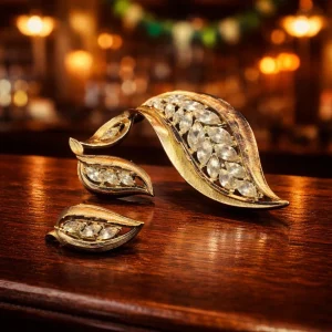 Signed JJ Brushed Gold Leaf Demi-Parure with Marquise Rhinestones