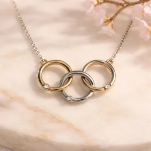 Tri-Tone Interlocking Triple Circle Pendant Necklace with Crystal Accents