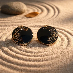Victorian-Revival Black & Gold Flower Clip-Ons, Round Button Earrings
