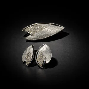 1960s Modernist Textured Silver Tone Brooch & Clip-On Earring Set