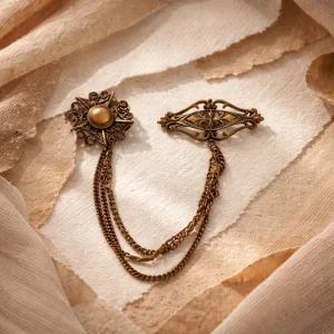 Antiqued Brass Triple Chain Sweater Guard – Victorian Style Filigree Brooch