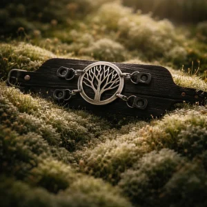 Boho Black Leather Cuff Bracelet with Silver Tree of Life Accent