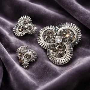 Coro Silver Tone Sunburst Rhinestone Brooch & Earring Set, Mid-Century Modern Demi-Parure Signed.