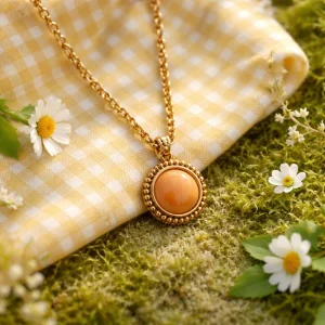 Gold-Tone Beaded Edge Pendant Necklace – Polished Natural Stone Cabochon