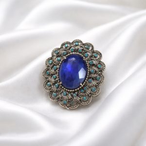Silver-Tone Cobalt Blue Filigree Brooch