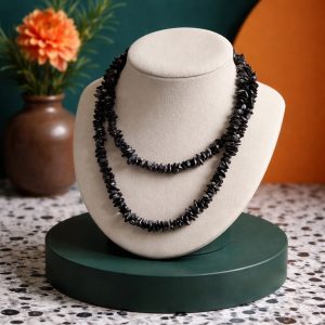 Long Black Gemstone Chip Necklace - Boho Statement Jewelry