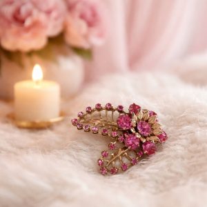 Mid-Century Pink Rhinestone Floral Spray Brooch, Gold Tone Leaf Pin