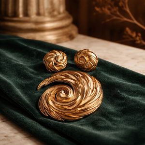 Crown Trifari Gold Tone Textured Swirl Brooch and Clip Earrings Set, Signed. 1960s Modernist Demi-Parure