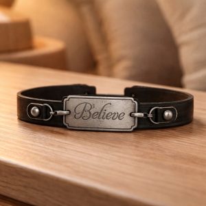 Good Work(s) Make a Difference "Believe" Black Leather Cuff Bracelet