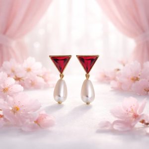 1980s Red Rhinestone and Faux Pearl Teardrop Dangle Earrings