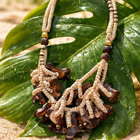 Natural Coconut Shell & Seed Bead Multi-Strand Statement Necklace - Boho Tropical