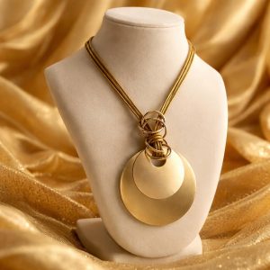 Modern Triple Strand Olive Cord Necklace with Layered Gold Circle Pendants