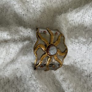 Vintage Mixed Metal Sunburst Cuff Bracelet – Moonstone Cabochon Celestial Jewelry
