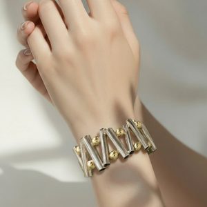 Vintage Misty Taylor Mexico Sterling Silver & Gold Bead Modernist Cuff Bracelet