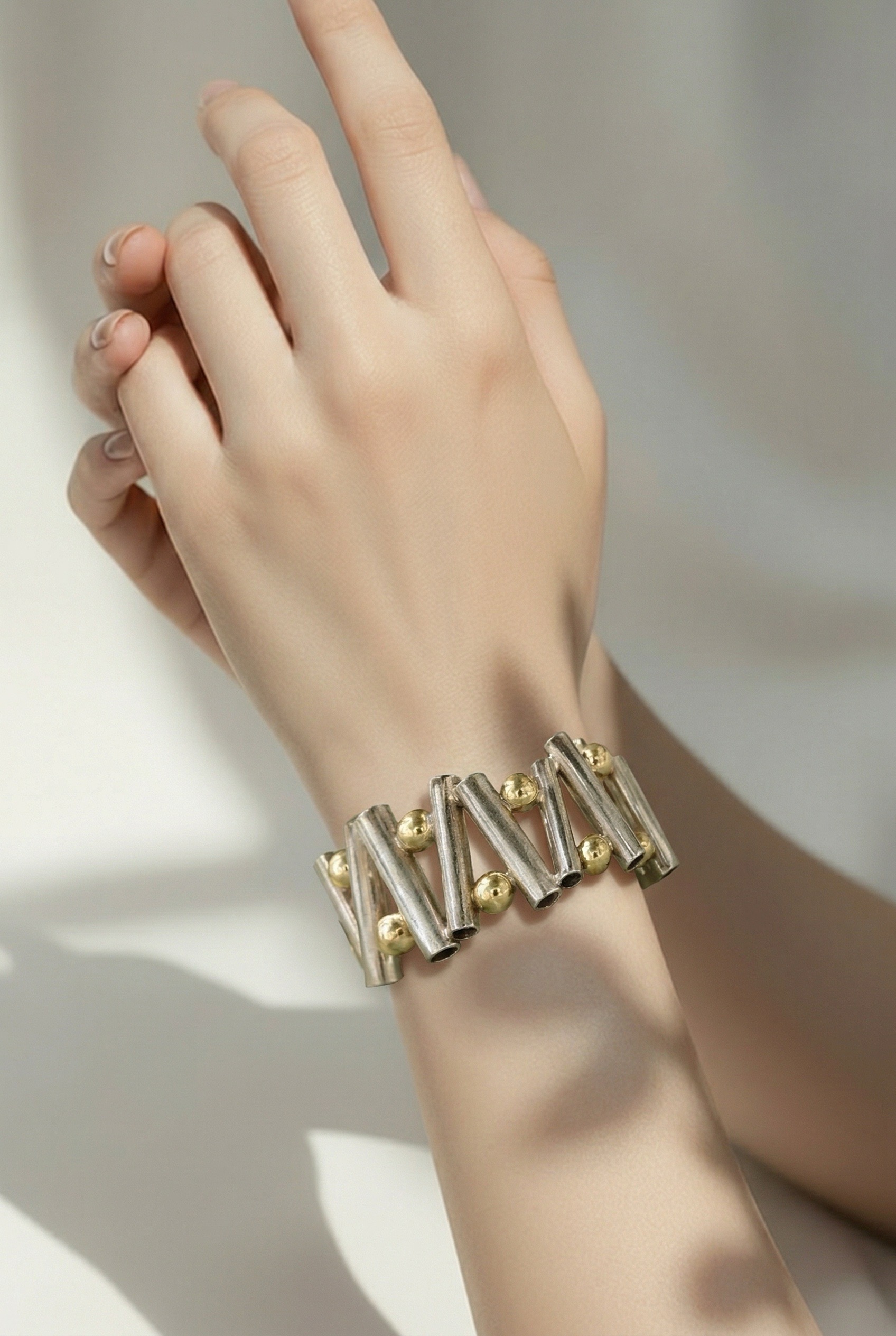 Vintage Misty Taylor Mexico Sterling Silver & Gold Bead Modernist Cuff Bracelet