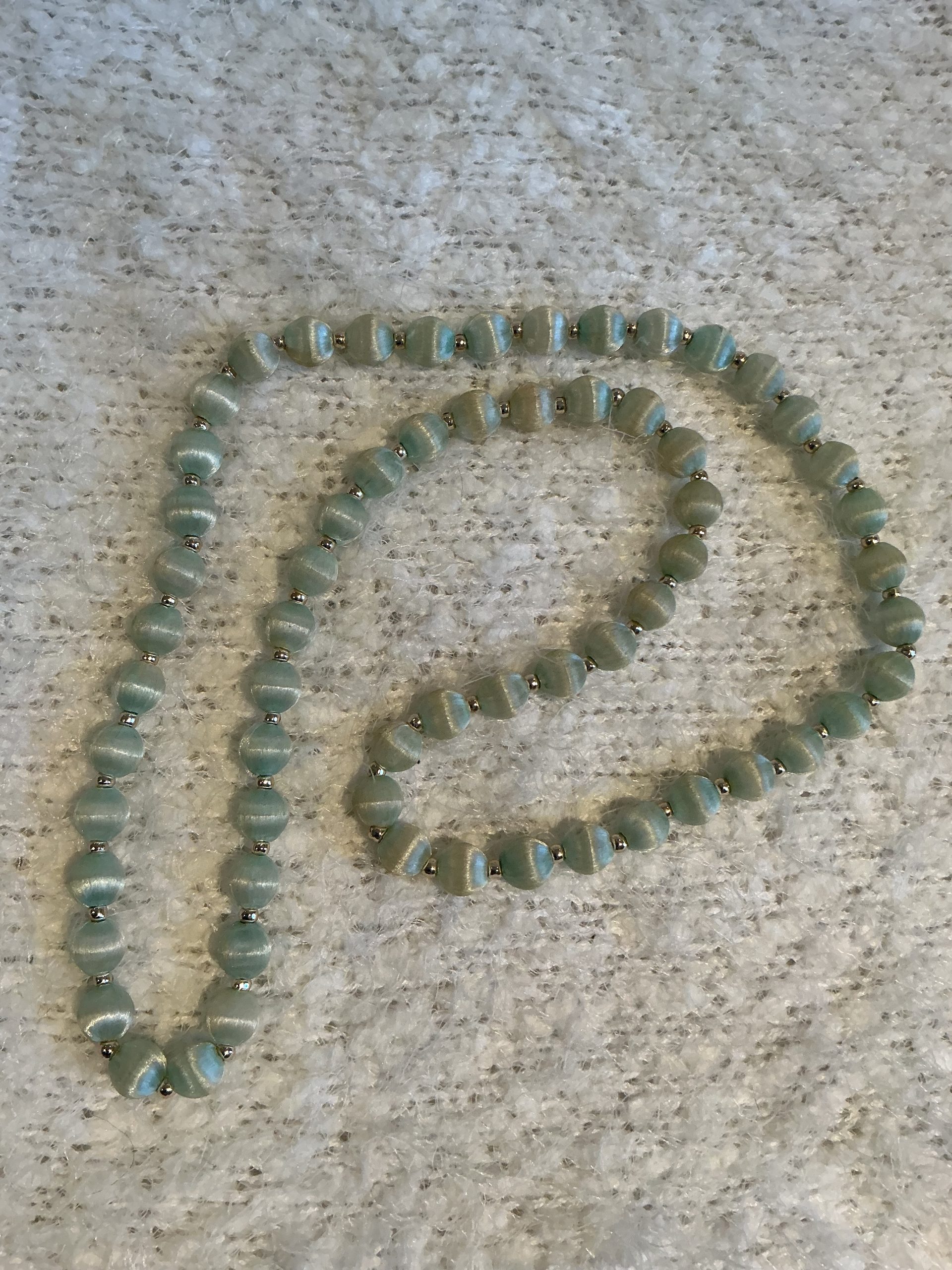 Vintage Mid-Century Aqua Seafoam Silk Cocoon Beaded Necklace – Satin Thread Operculum Style