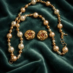 Vintage 1970s Lightweight Gold-Tone & Faux Pearl Bead Set: Graduated Necklace and Swirl Clip-On Earrings