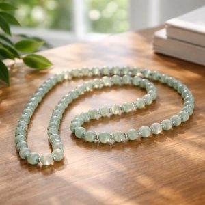 Vintage Mid-Century Aqua Seafoam Silk Cocoon Beaded Necklace – Satin Thread Operculum Style