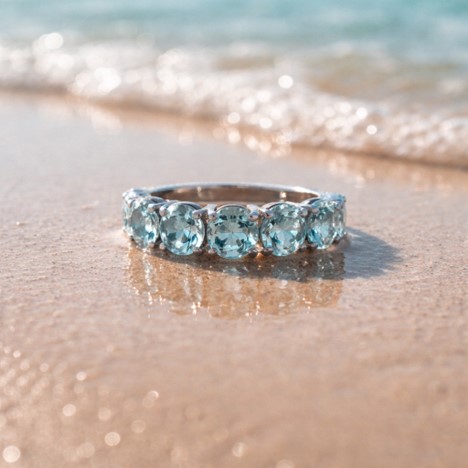 Vintage Five-Stone Light Blue Faceted Glass Ring - Silver Tone Anniversary Band