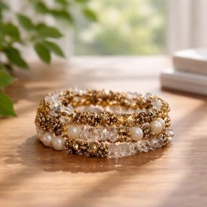 Bohemian Earth Tone Beaded Layered Bracelet - Pearl, Quartz, & Gold Accents