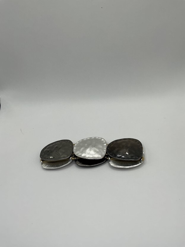 Vintage Two-Tone Disc Stretch Bracelet - Alternating Chrome & Hematite Tone Flat Coin Links