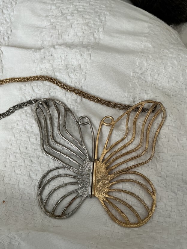 Vintage 1970s Mixed-Metal Butterfly Statement Necklace – Large Two-Tone Openwork Pendant