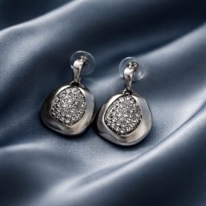 Brushed Silver Organic Teardrop Earrings with Pavé Crystal Center