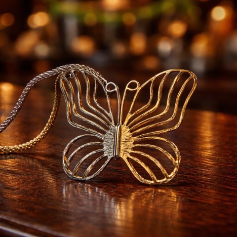 Vintage 1970s Mixed-Metal Butterfly Statement Necklace – Large Two-Tone Openwork Pendant