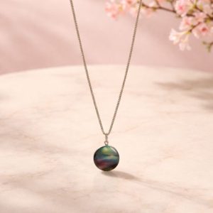 Natural Rainbow Fluorite Round Pendant Necklace, Silver tone