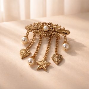 Ornate Gold Tone Filigree Chatelaine Brooch - Celestial Pearl Dangles