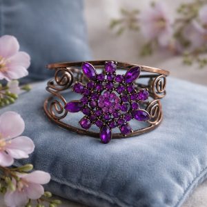 Vintage Copper Cuff Bracelet with Large Purple Rhinestone Starburst
