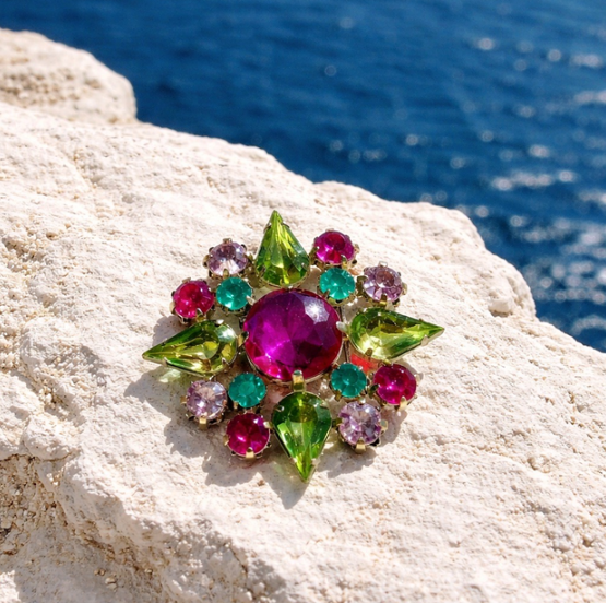 1950s Silver Tone Atomic Starburst Pin with Jewel-Tone Rhinestones
