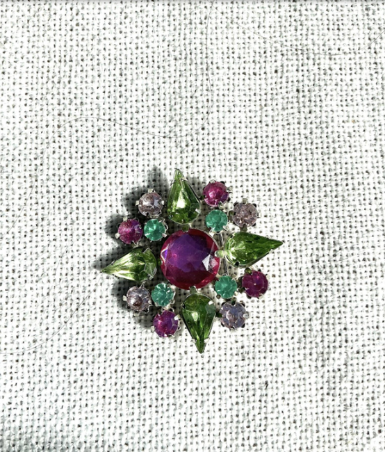 1950s Silver Tone Atomic Starburst Pin with Jewel-Tone Rhinestones