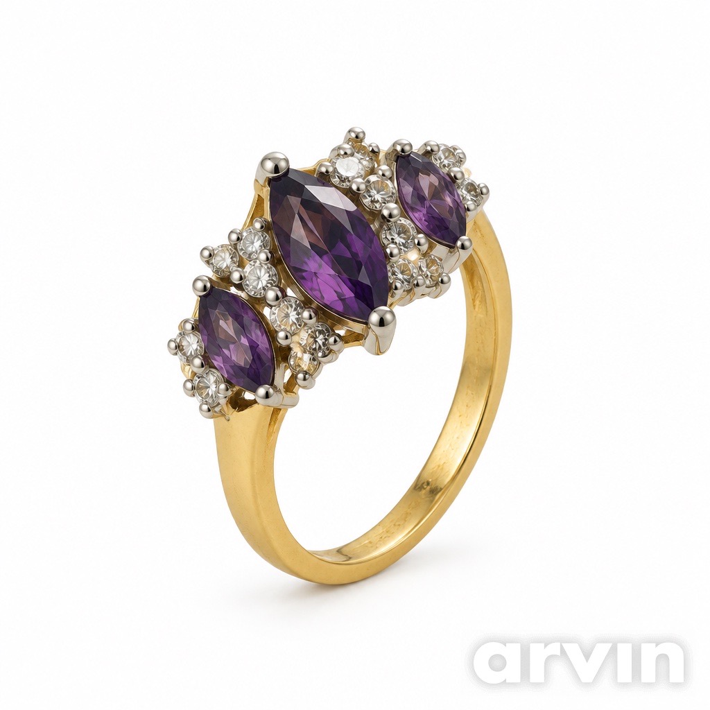 Gold-Tone 3-Stone Marquise Faux Amethyst Cluster Ring