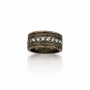 Vintage Silver-Tone Wide Band Rhinestone & Glitter Statement Ring
