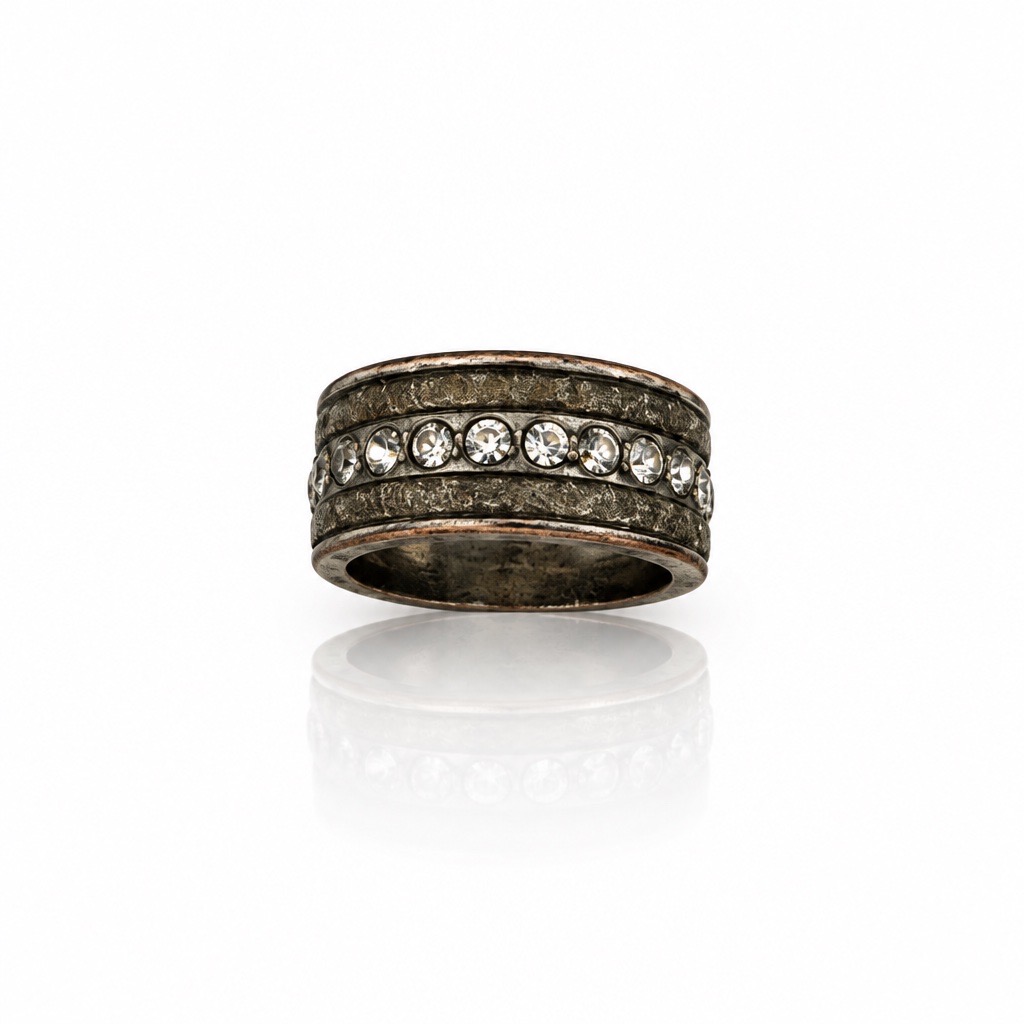 Vintage Silver-Tone Wide Band Rhinestone & Glitter Statement Ring