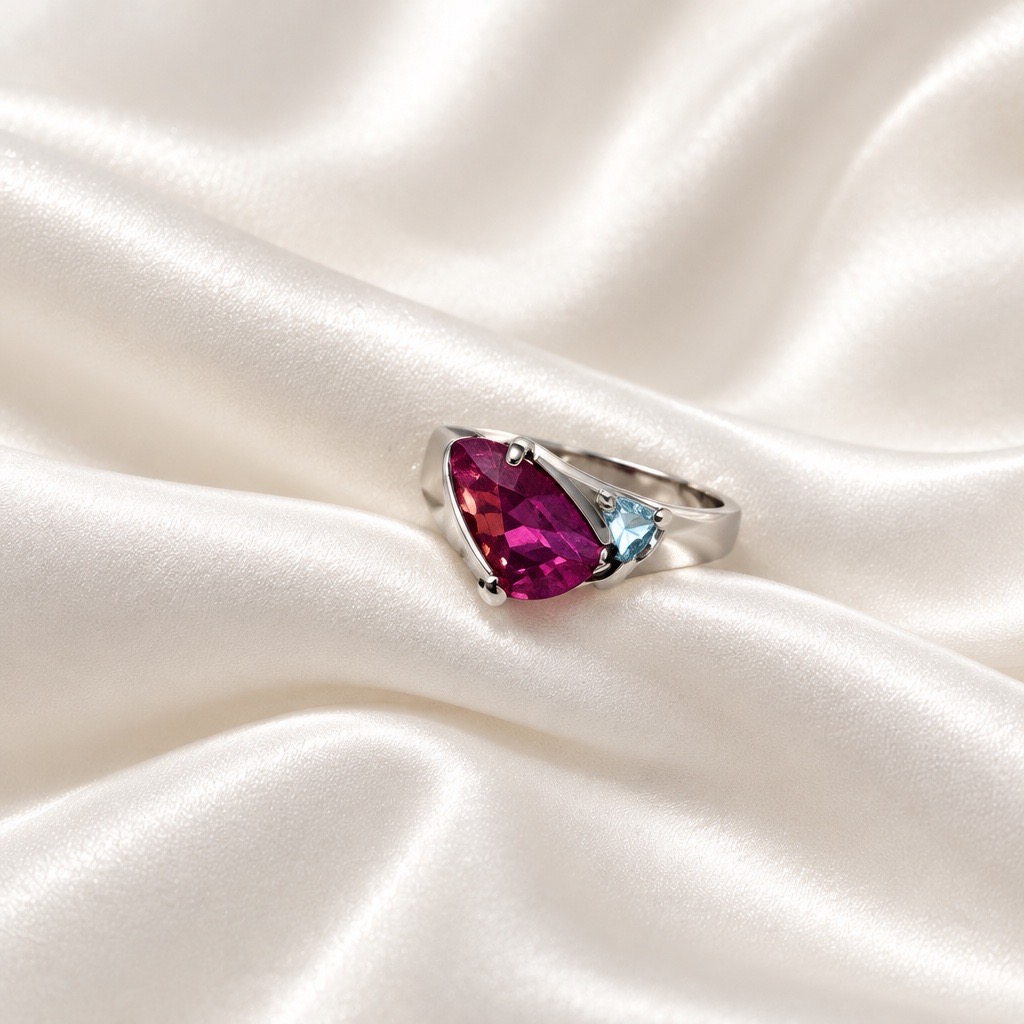 Sterling Silver 925 Pear-Cut Magenta Solitaire Ring
