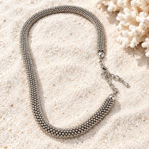 Silver-Tone Caviar Beaded Mesh Necklace