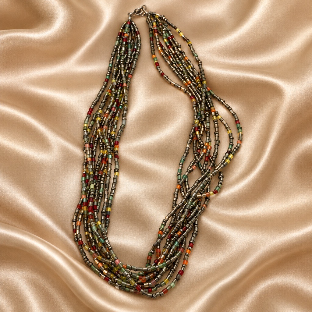 Multi-Strand Liquid Silver & Colorful Glass Bugle Bead Necklace