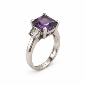 Sterling Silver 925 Emerald-Cut Faux Amethyst & Baguette Ring